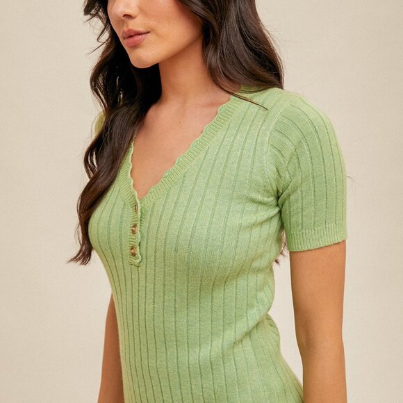 HEM & THREAD Light Green Ribbed Knit Top, Short Sleeve Button Front Sweater Tee - Picture 3 of 4
